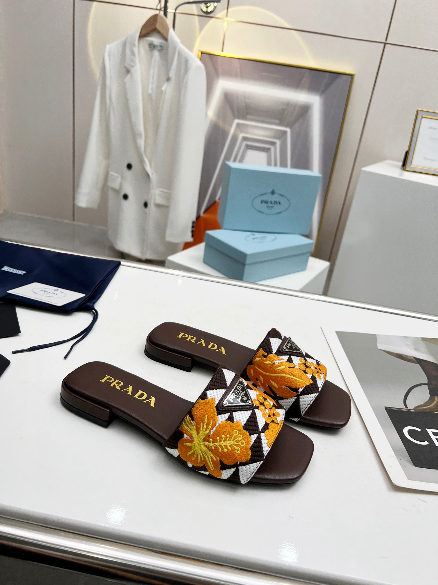 PRADA EMBROIDERED SLIDES FLAT CHOCOLATE FABRIC