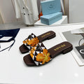 PRADA EMBROIDERED SLIDES FLAT CHOCOLATE FABRIC