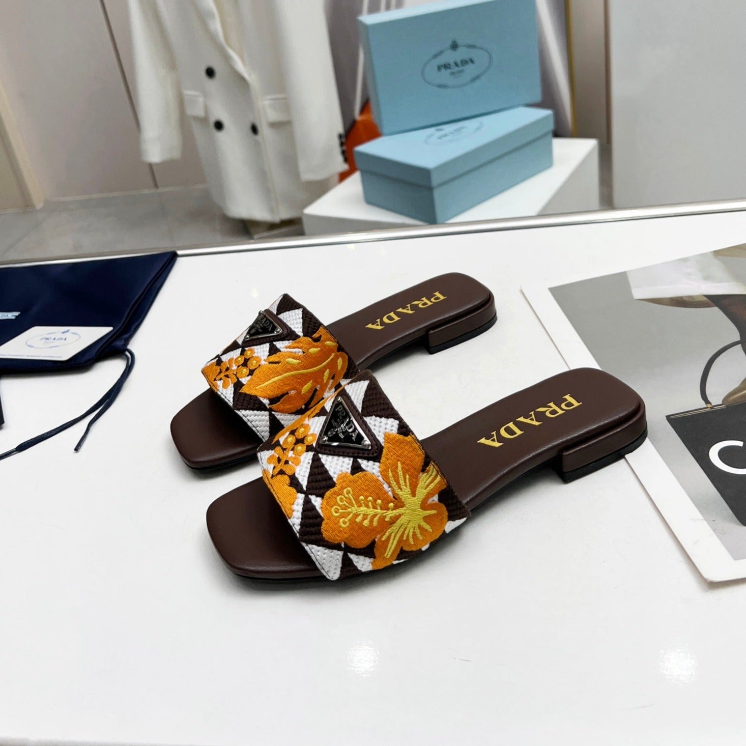 PRADA EMBROIDERED SLIDES FLAT CHOCOLATE FABRIC