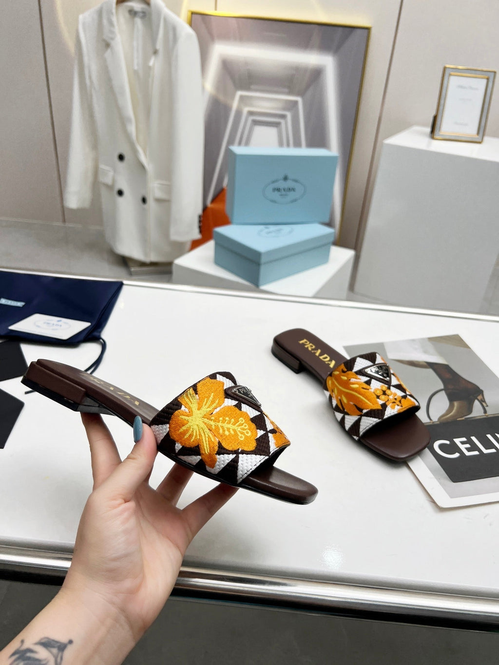 PRADA EMBROIDERED SLIDES FLAT CHOCOLATE FABRIC
