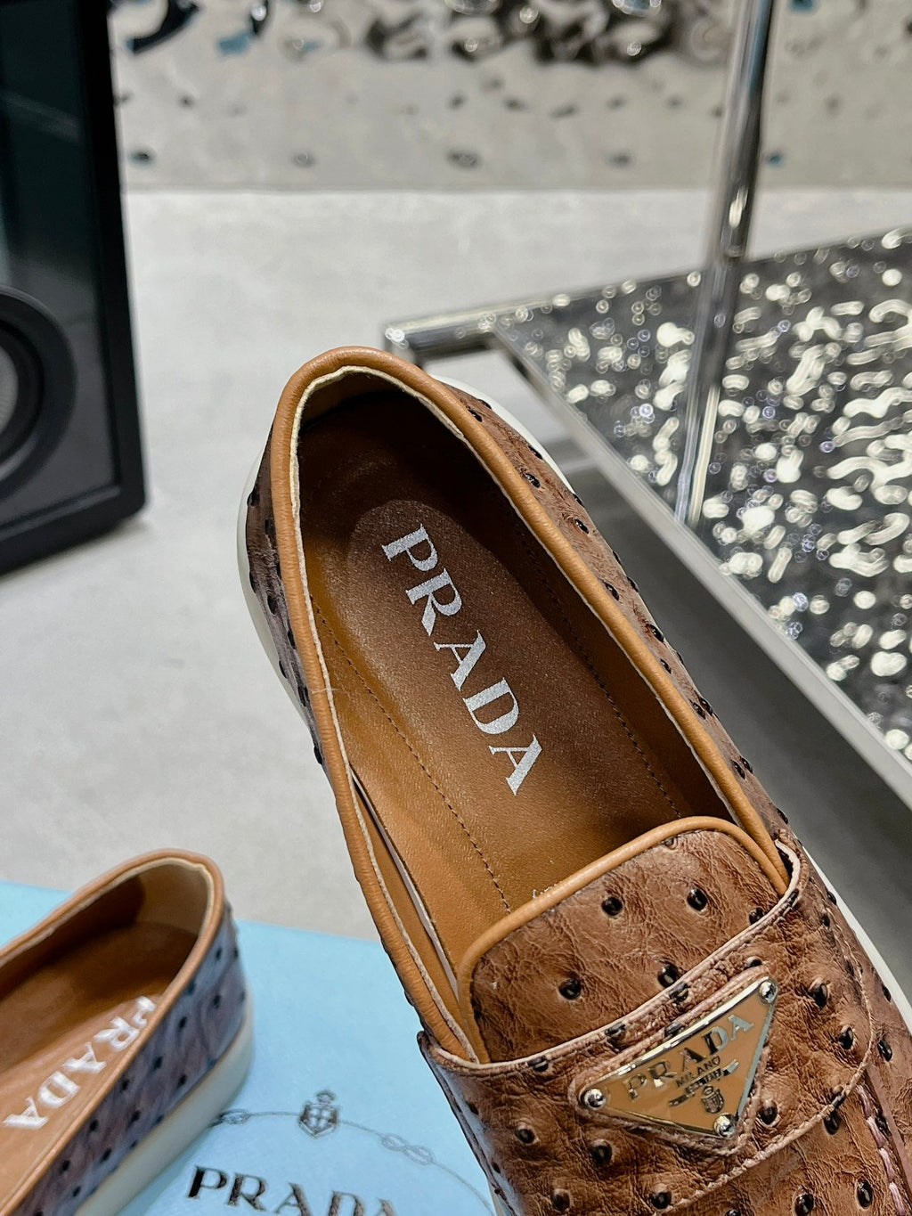 PRADA OSTRICH PATTERN LOAFERS CARAMEL CALFSKIN