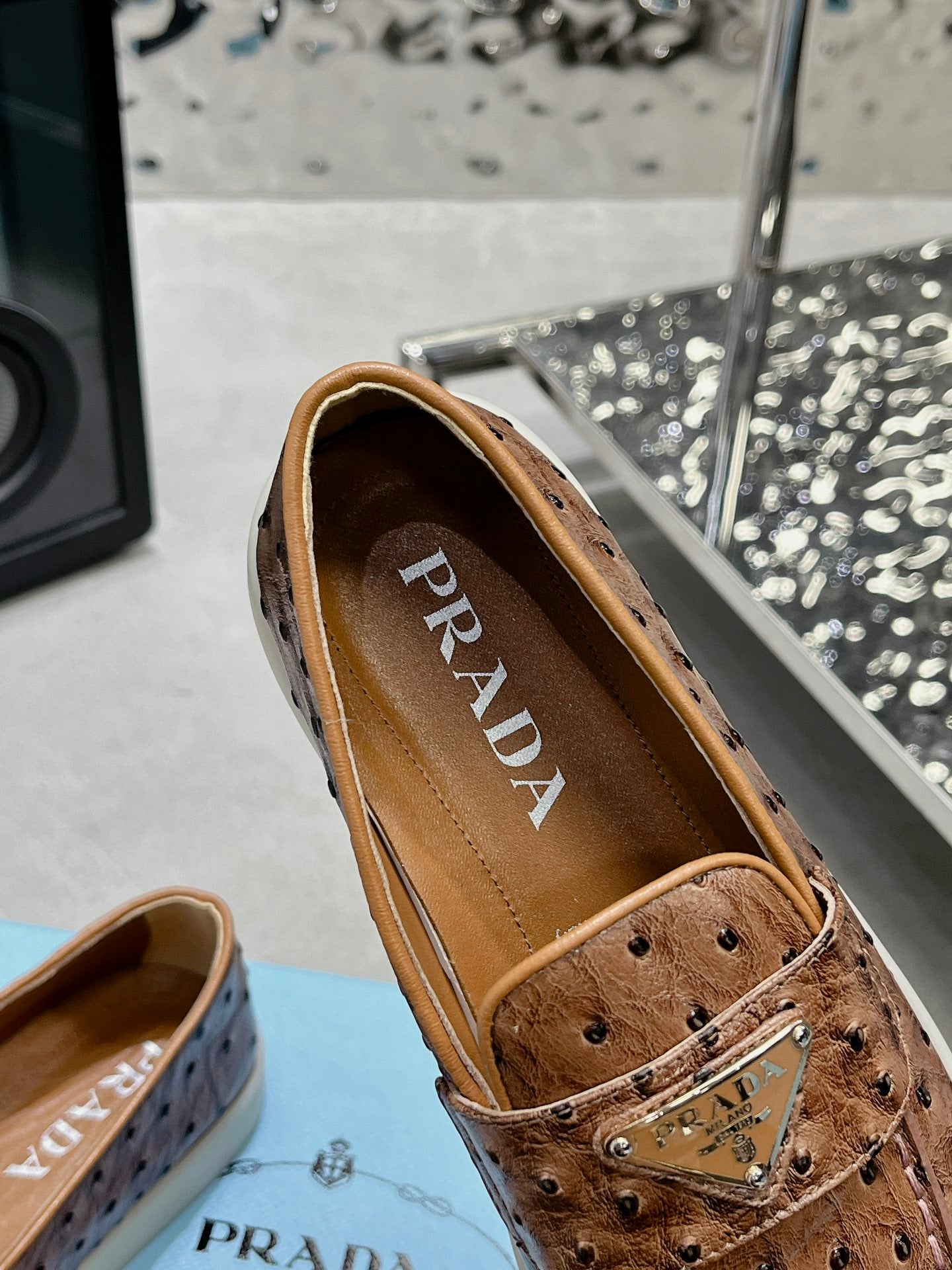 PRADA OSTRICH PATTERN LOAFERS CARAMEL CALFSKIN