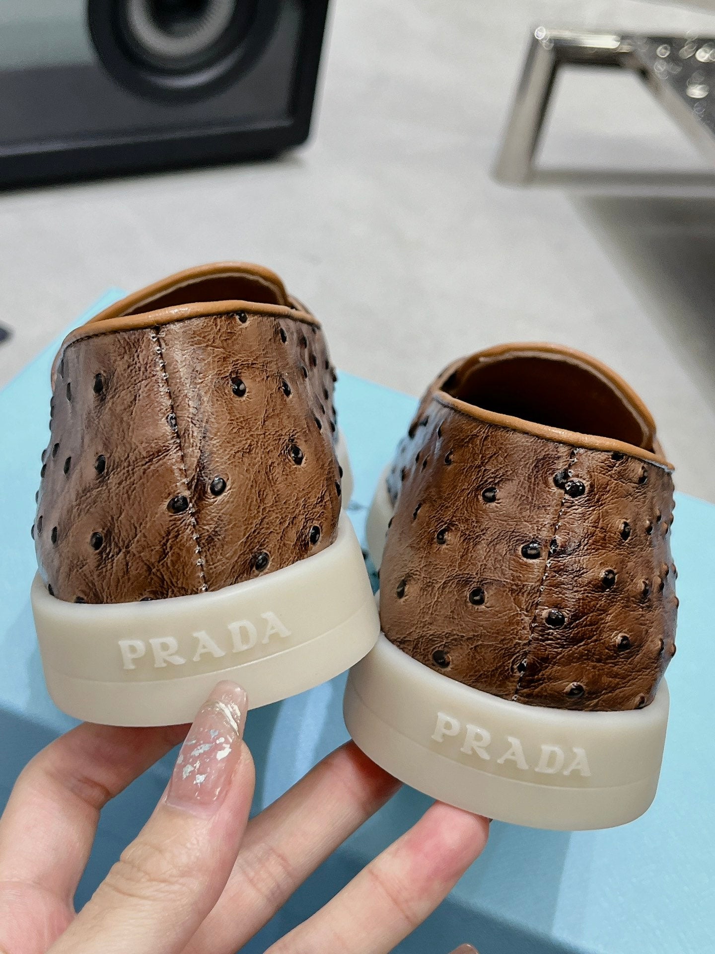 PRADA OSTRICH PATTERN LOAFERS CARAMEL CALFSKIN