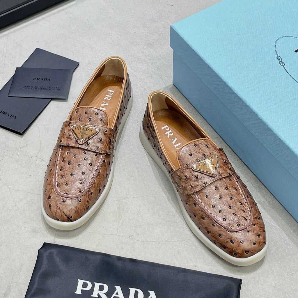PRADA OSTRICH PATTERN LOAFERS CARAMEL CALFSKIN