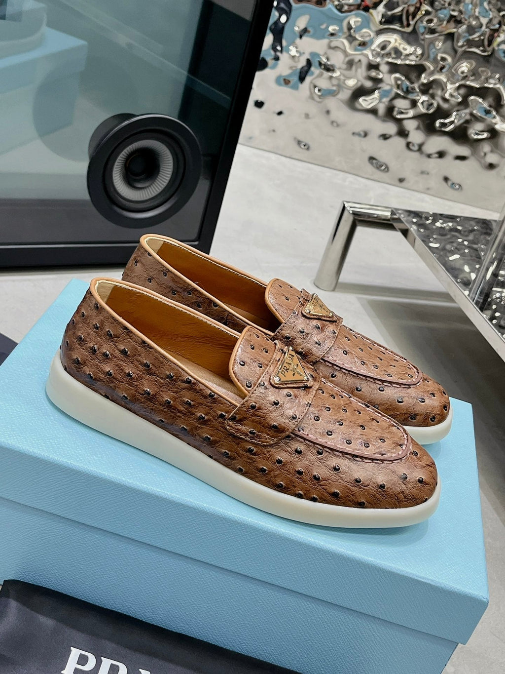 PRADA OSTRICH PATTERN LOAFERS CARAMEL CALFSKIN