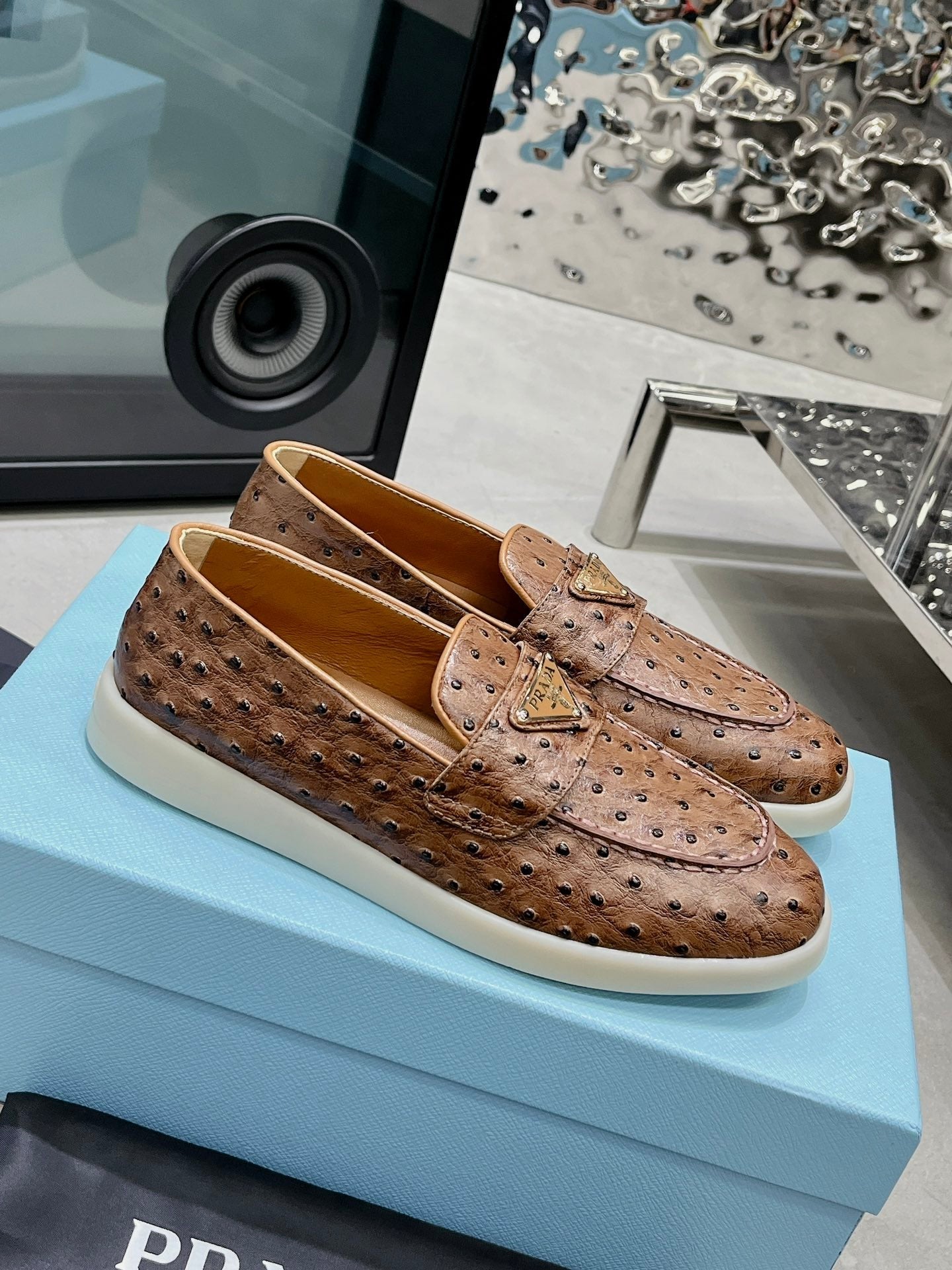 PRADA OSTRICH PATTERN LOAFERS CARAMEL CALFSKIN