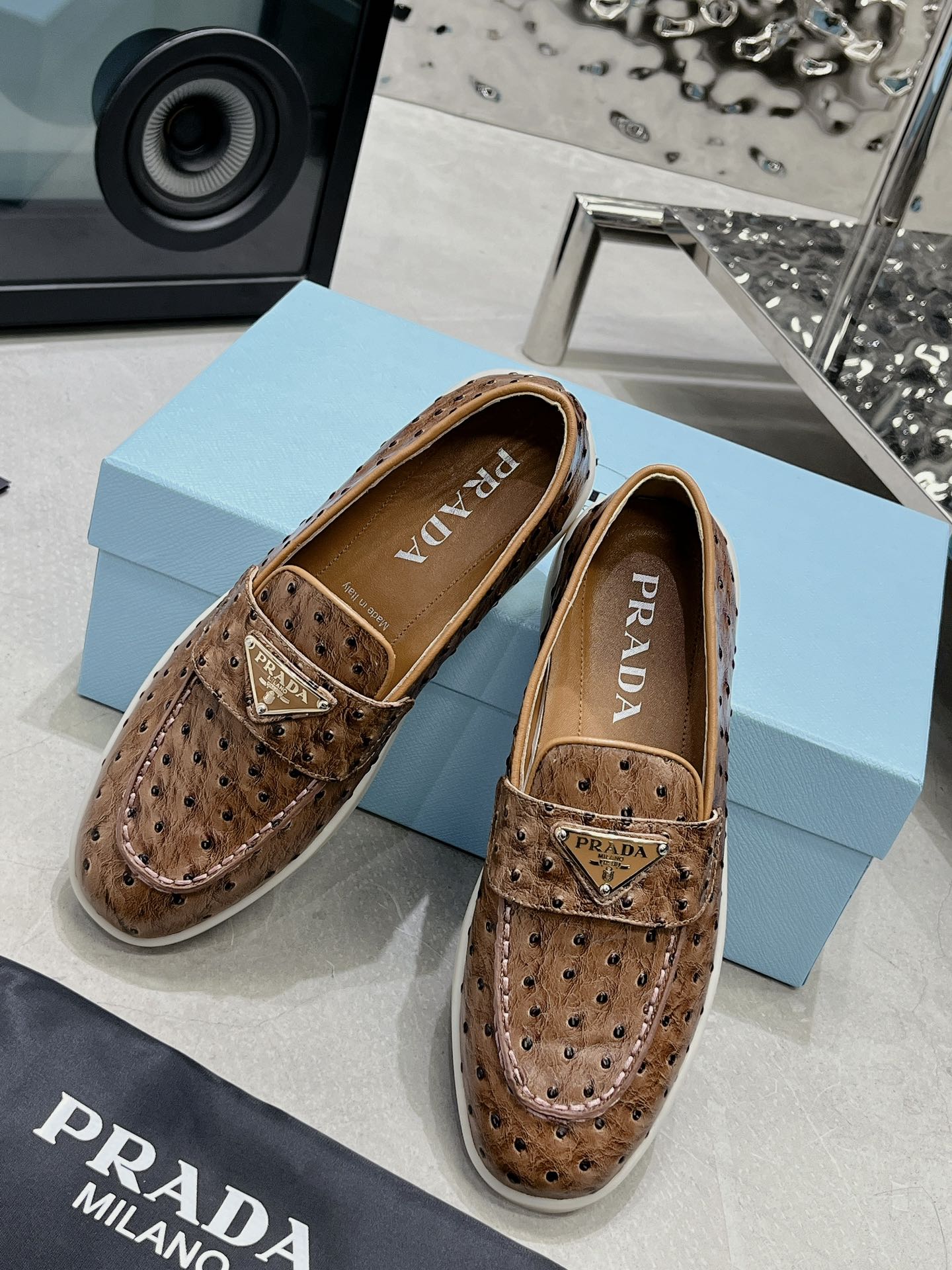 PRADA OSTRICH PATTERN LOAFERS CARAMEL CALFSKIN