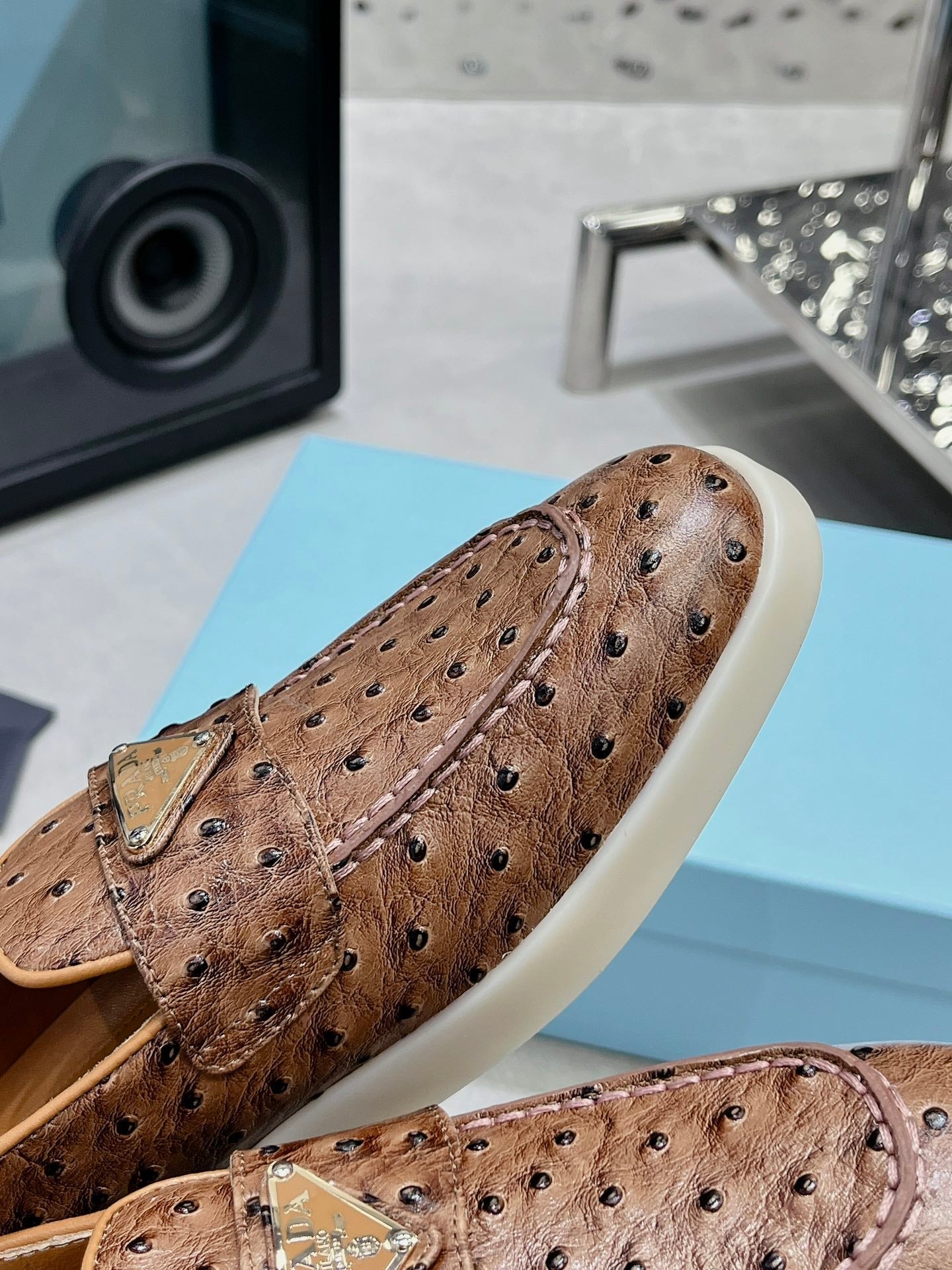 PRADA OSTRICH PATTERN LOAFERS CARAMEL CALFSKIN
