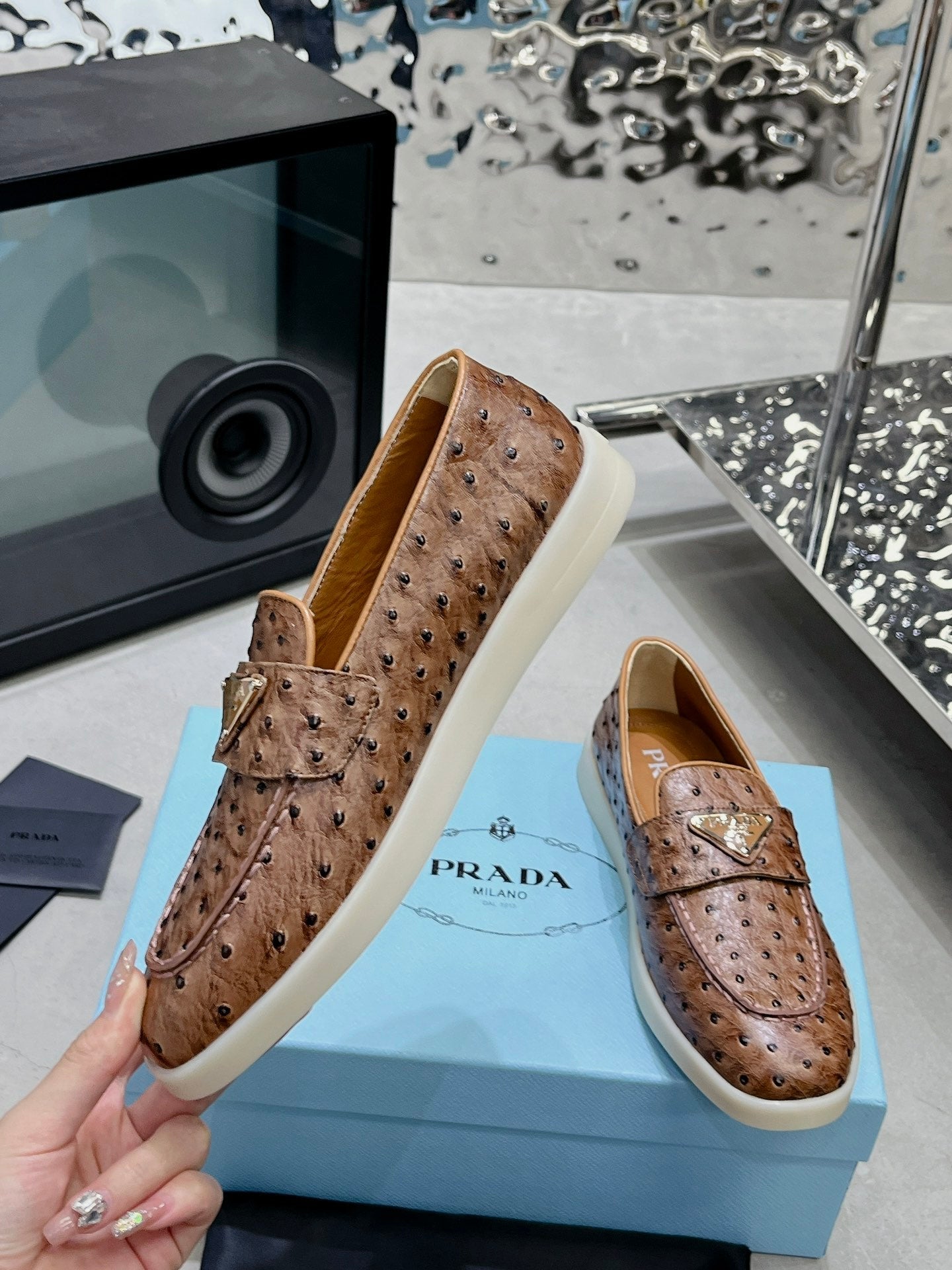 PRADA OSTRICH PATTERN LOAFERS CARAMEL CALFSKIN