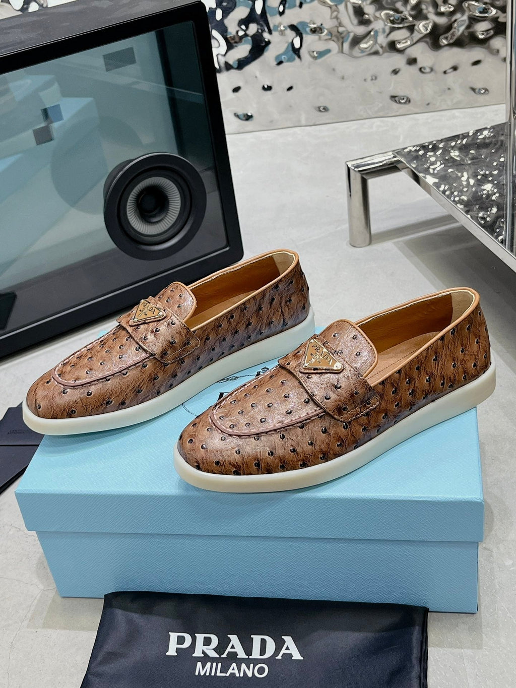 PRADA OSTRICH PATTERN LOAFERS CARAMEL CALFSKIN