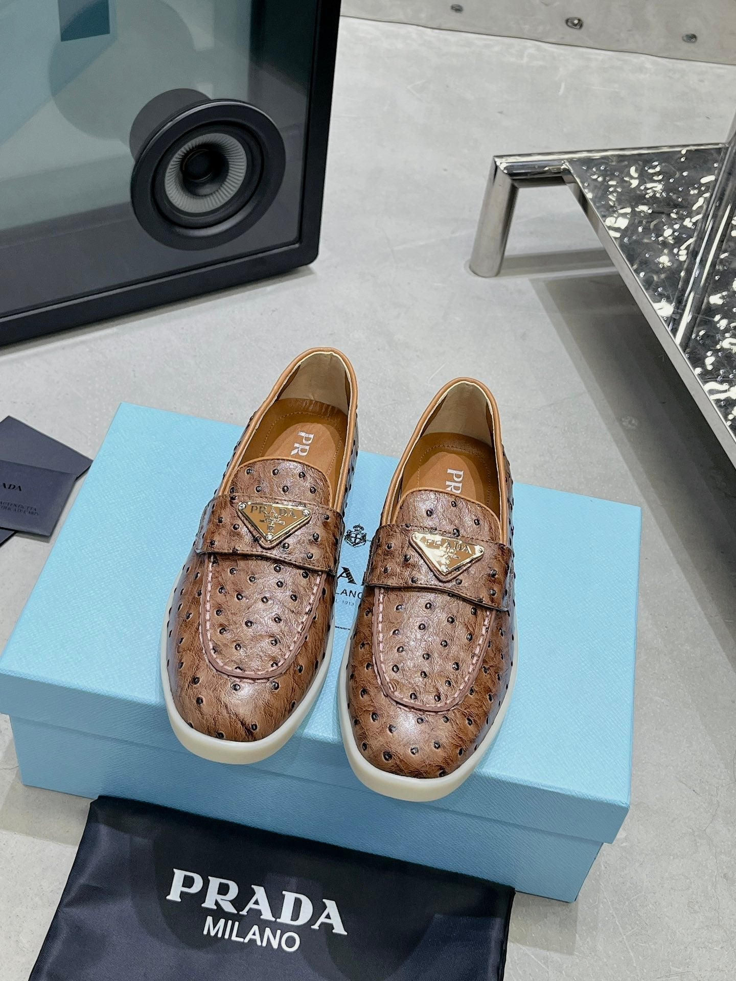 PRADA OSTRICH PATTERN LOAFERS CARAMEL CALFSKIN