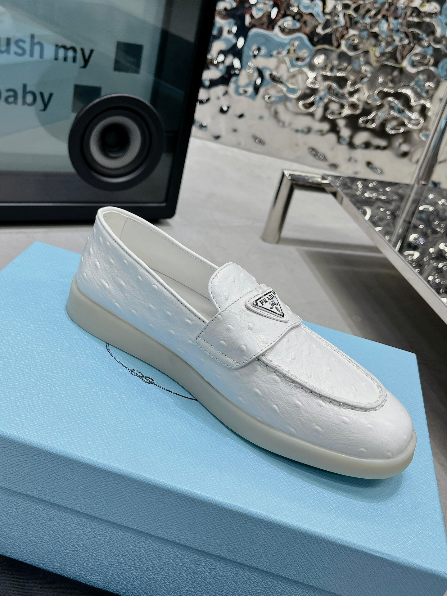 PRADA OSTRICH PATTERN LOAFERS WHITE CALFSKIN