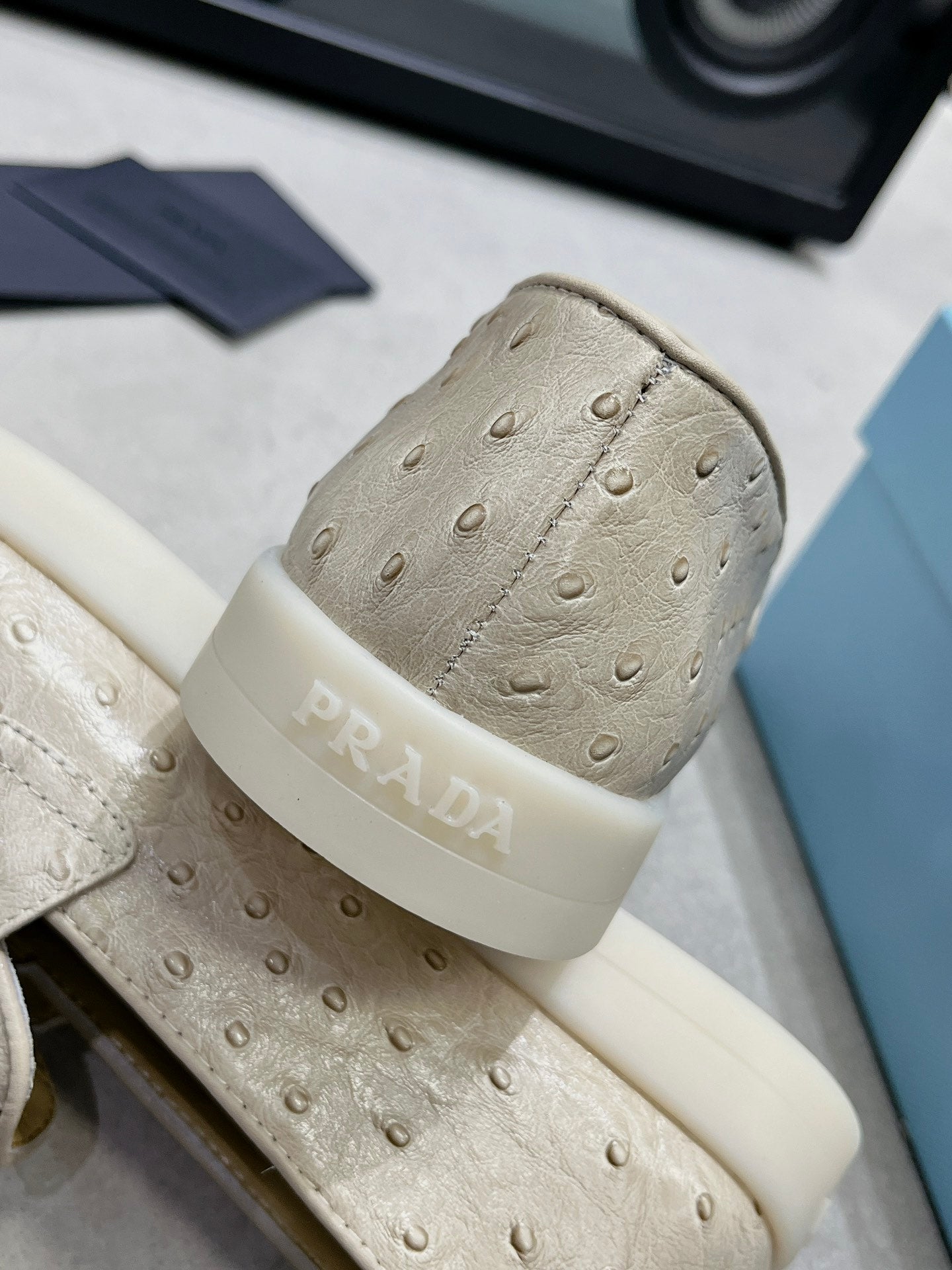 PRADA OSTRICH PATTERN LOAFERS CREAMY WHITE CALFSKIN