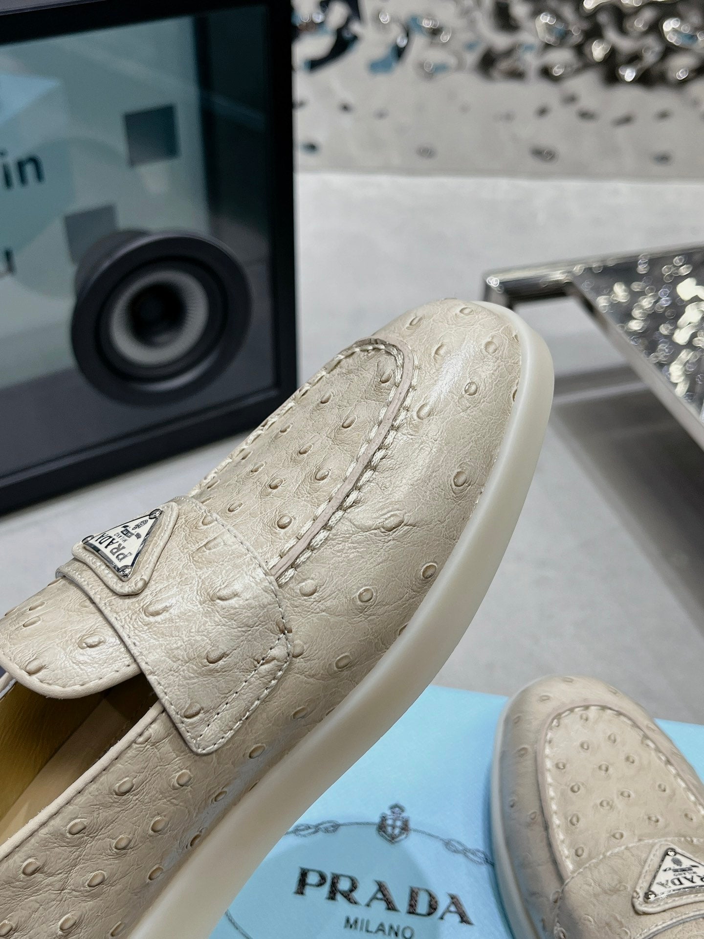 PRADA OSTRICH PATTERN LOAFERS CREAMY WHITE CALFSKIN
