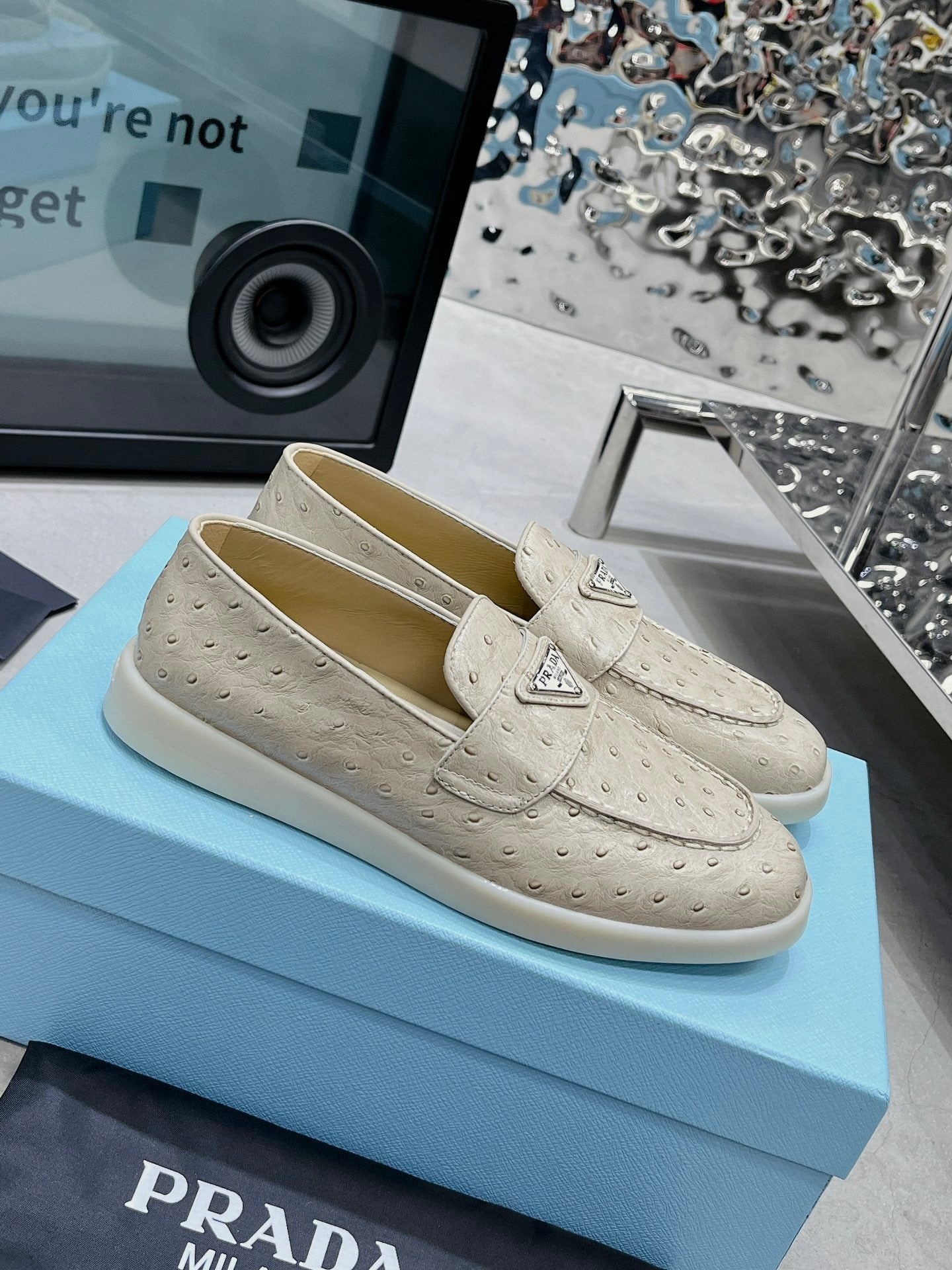 PRADA OSTRICH PATTERN LOAFERS CREAMY WHITE CALFSKIN
