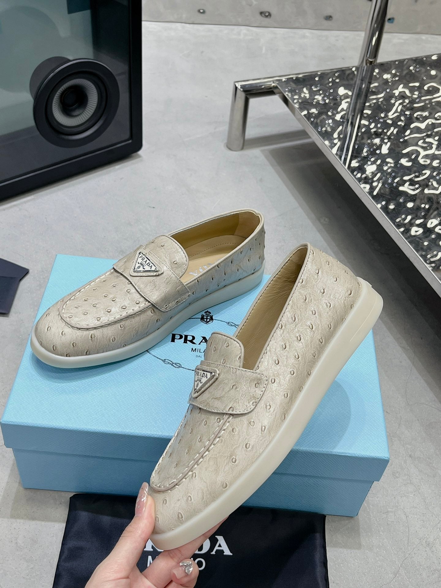 PRADA OSTRICH PATTERN LOAFERS CREAMY WHITE CALFSKIN