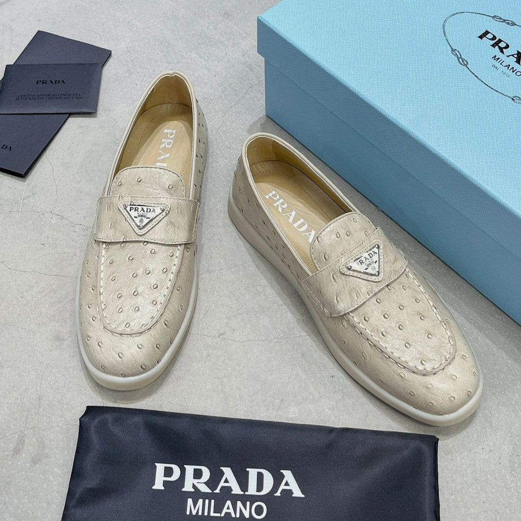 PRADA OSTRICH PATTERN LOAFERS CREAMY WHITE CALFSKIN
