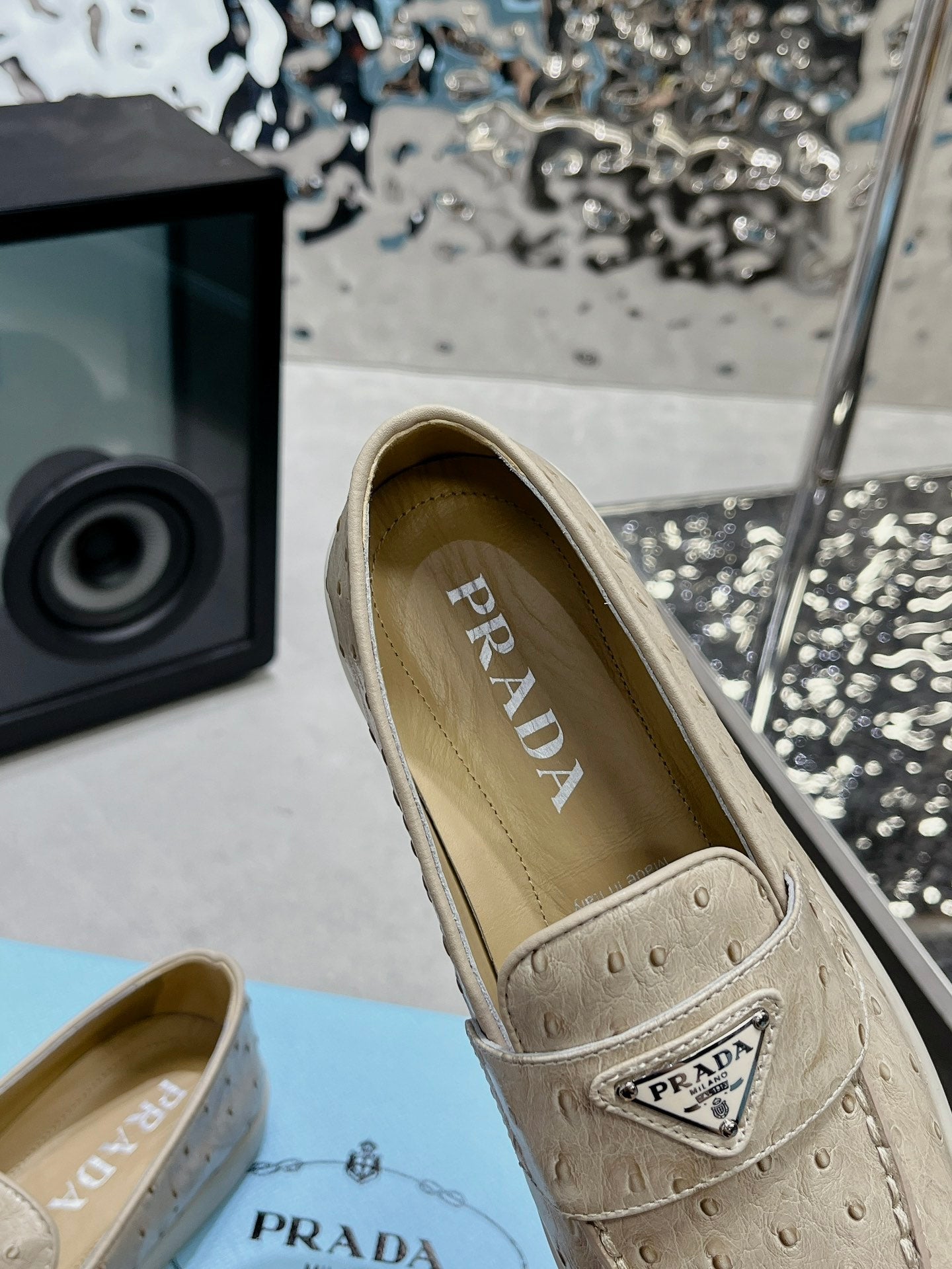 PRADA OSTRICH PATTERN LOAFERS CREAMY WHITE CALFSKIN