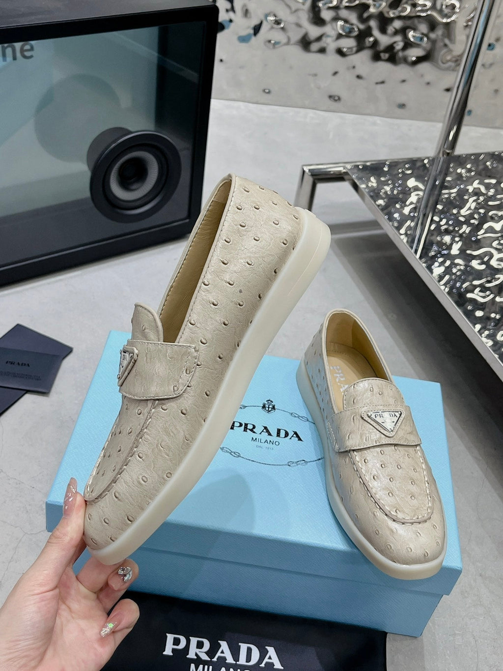 PRADA OSTRICH PATTERN LOAFERS CREAMY WHITE CALFSKIN
