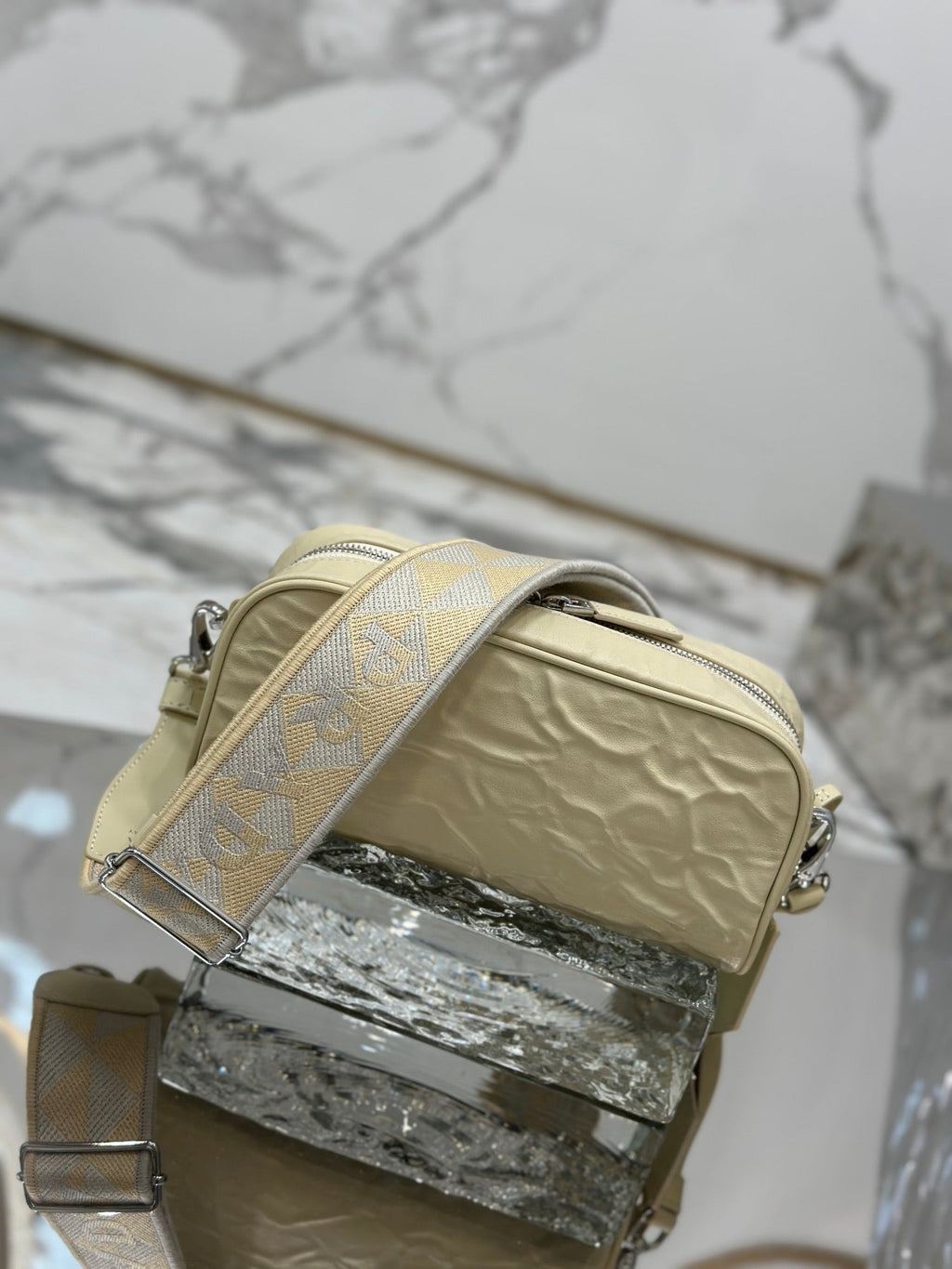 PRADA CAMERA BAG 23 IN CREAM WRINKLED LAMBSKIN