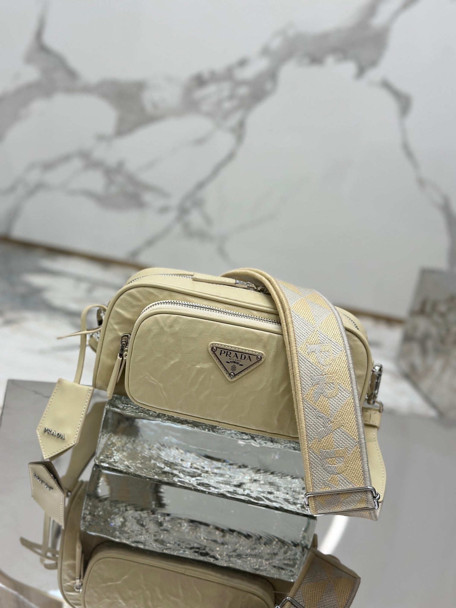 PRADA CAMERA BAG 23 IN CREAM WRINKLED LAMBSKIN