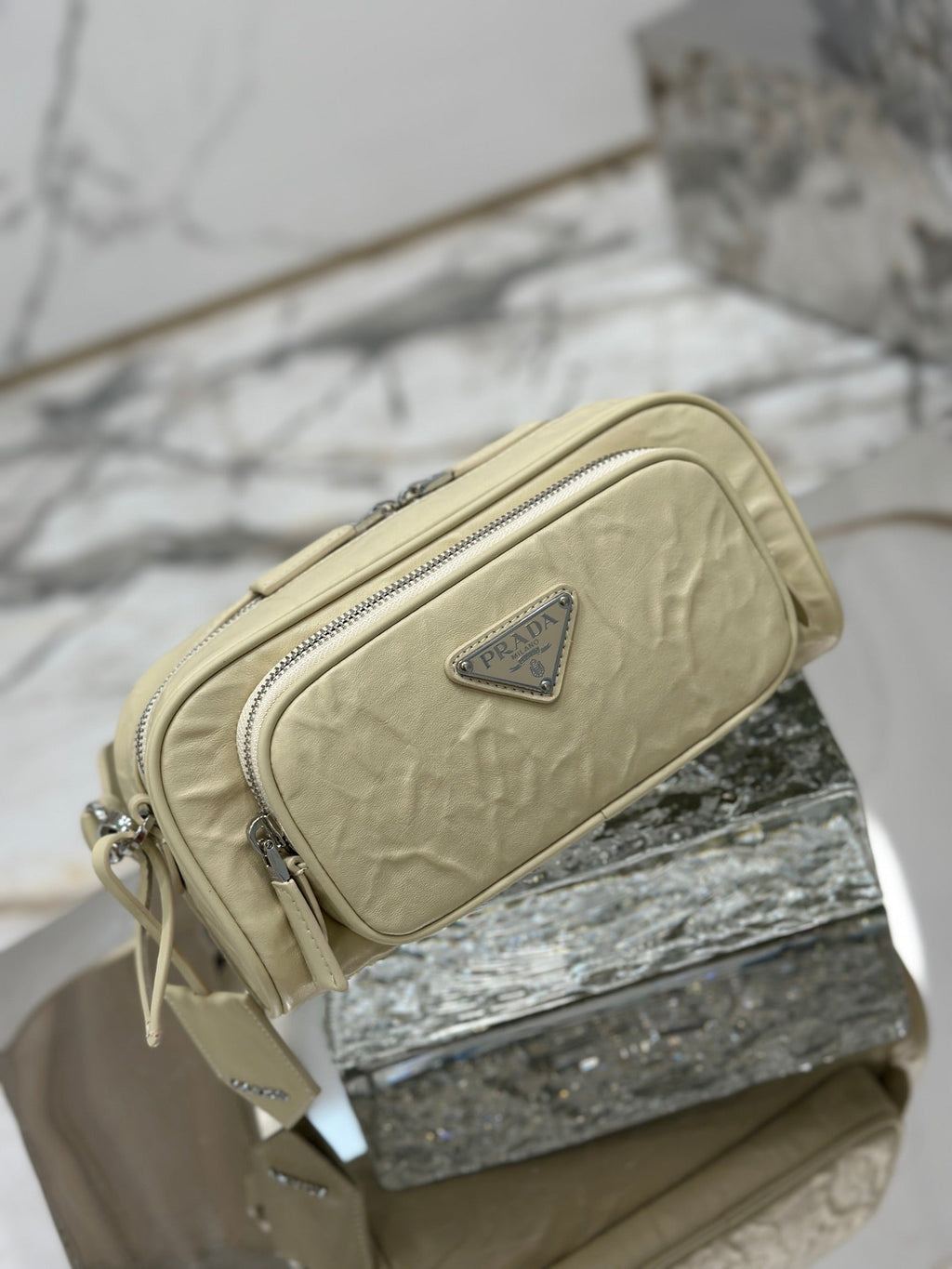 PRADA CAMERA BAG 23 IN CREAM WRINKLED LAMBSKIN