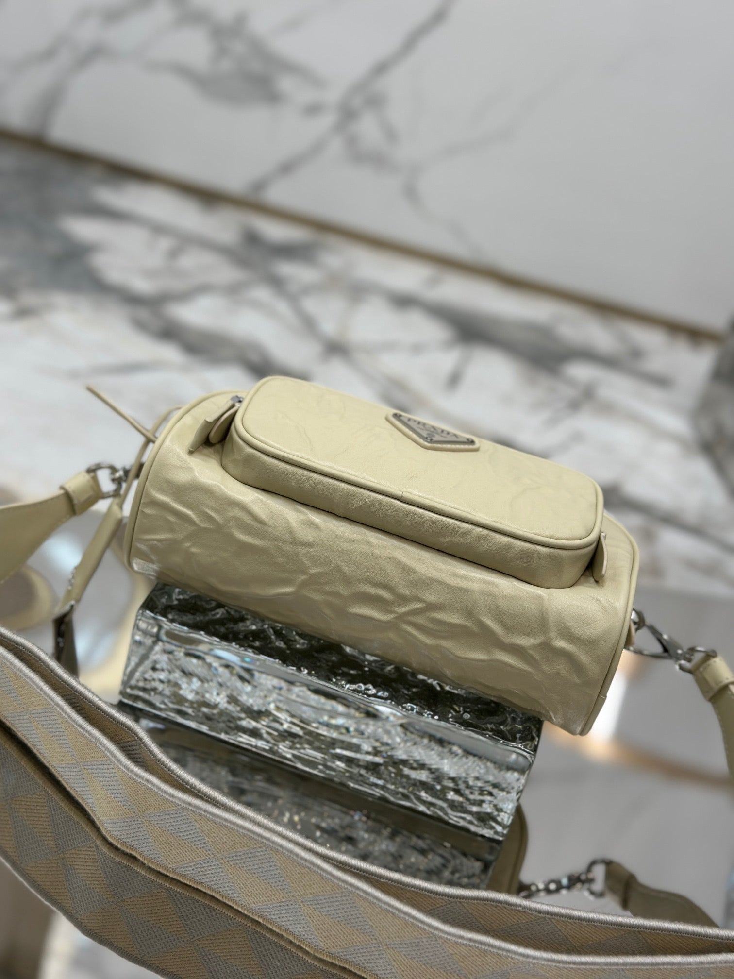 PRADA CAMERA BAG 23 IN CREAM WRINKLED LAMBSKIN