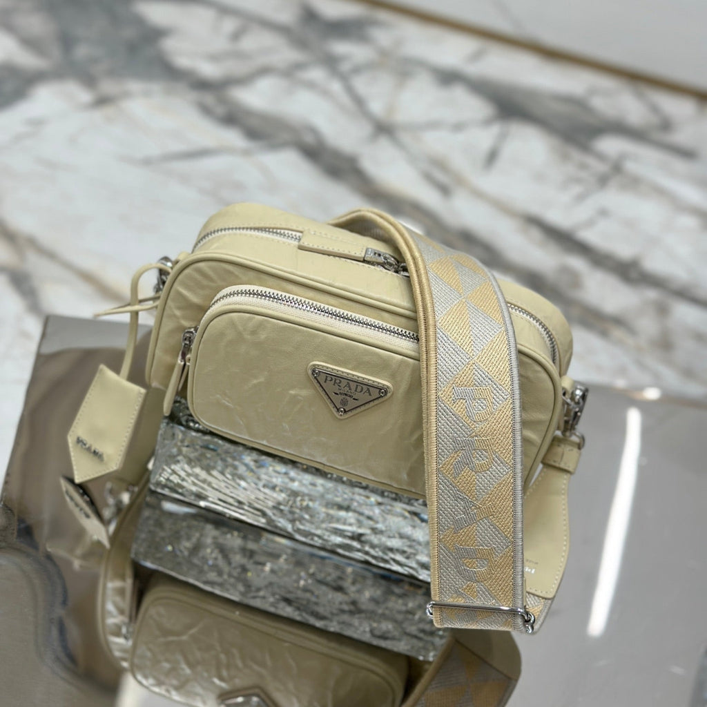 PRADA CAMERA BAG 23 IN CREAM WRINKLED LAMBSKIN