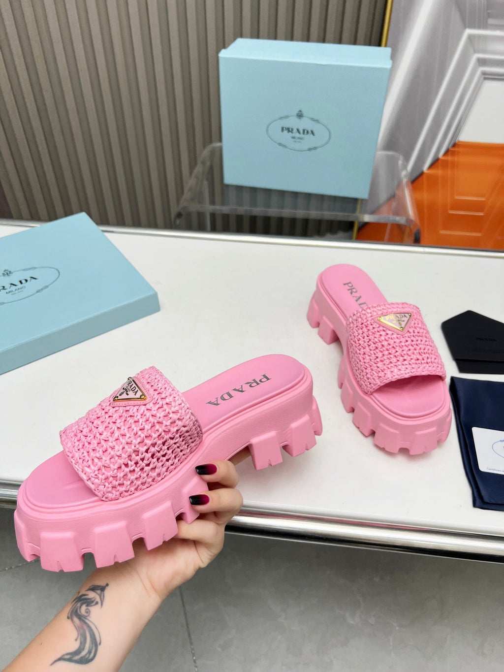 PRADA THICK-SOLED CROCHET SANLS PINK WOVEN FABRIC