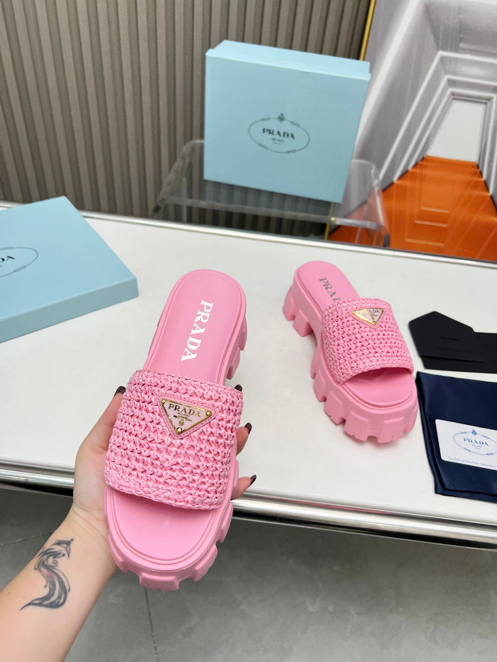 PRADA THICK-SOLED CROCHET SANLS PINK WOVEN FABRIC
