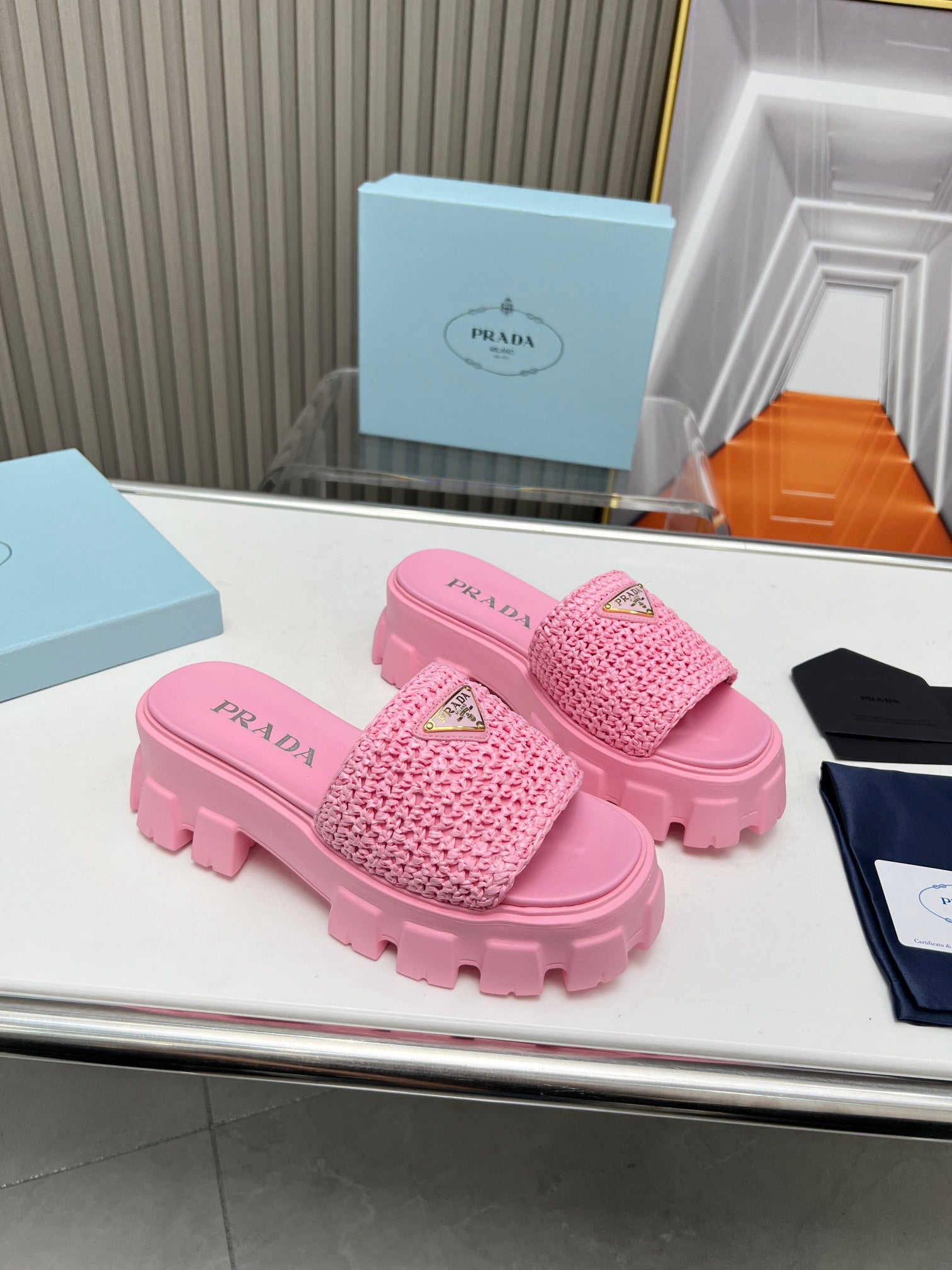 PRADA THICK-SOLED CROCHET SANLS PINK WOVEN FABRIC