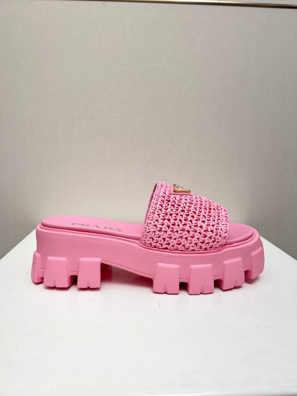 PRADA THICK-SOLED CROCHET SANLS PINK WOVEN FABRIC