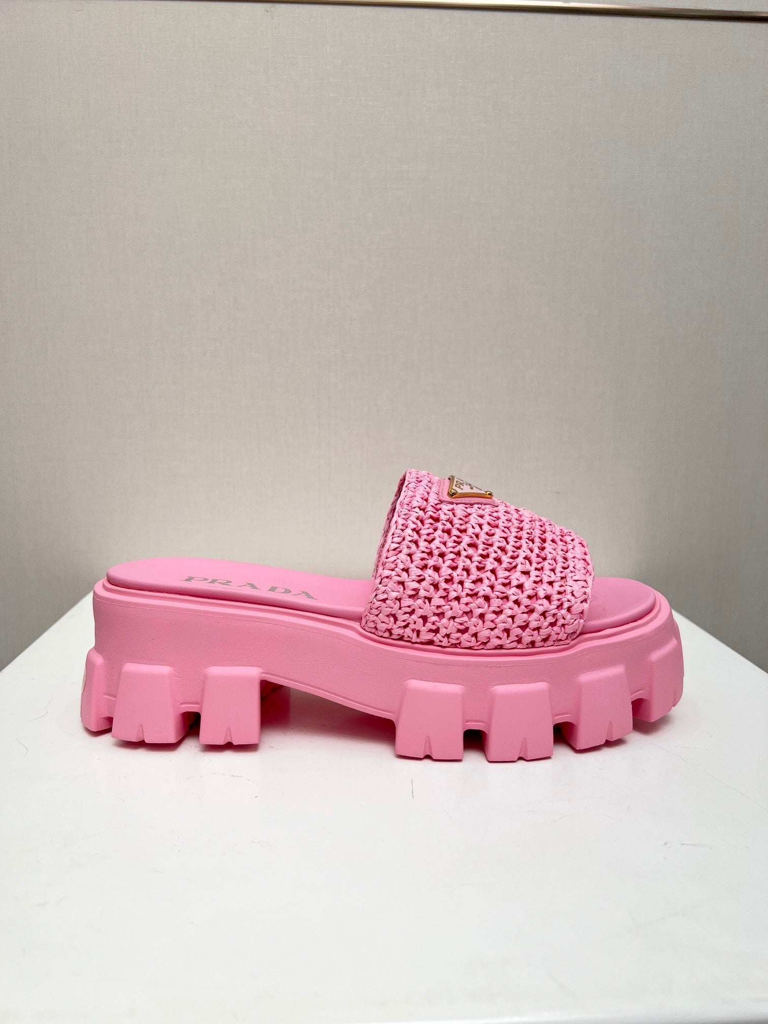 PRADA THICK-SOLED CROCHET SANLS PINK WOVEN FABRIC