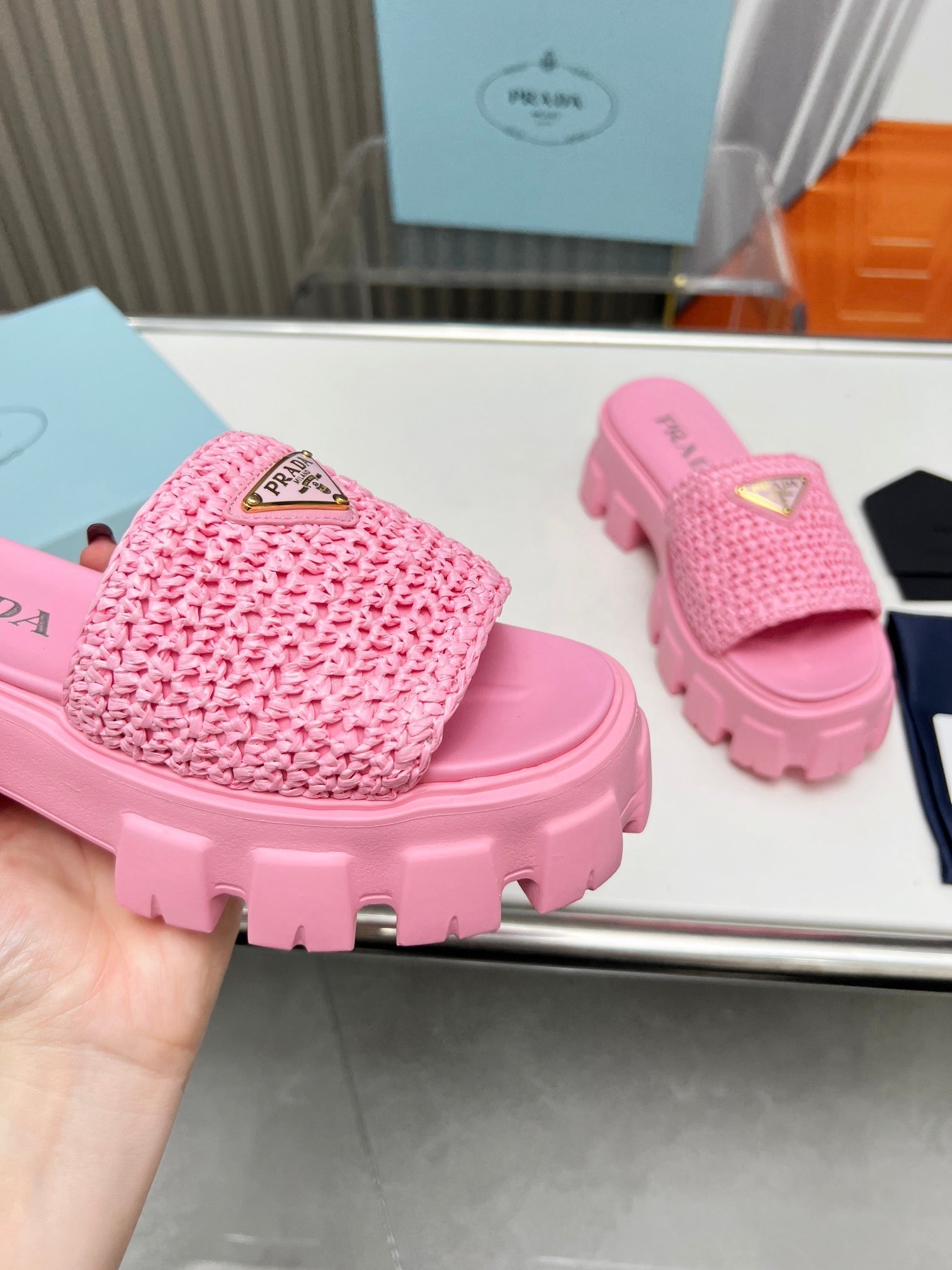 PRADA THICK-SOLED CROCHET SANLS PINK WOVEN FABRIC