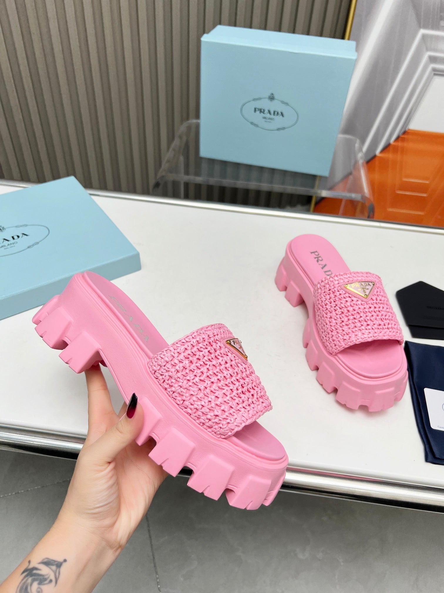 PRADA THICK-SOLED CROCHET SANLS PINK WOVEN FABRIC