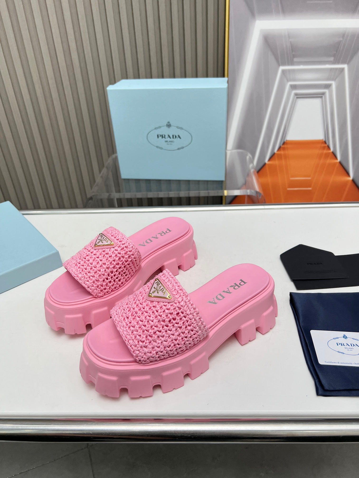 PRADA THICK-SOLED CROCHET SANLS PINK WOVEN FABRIC