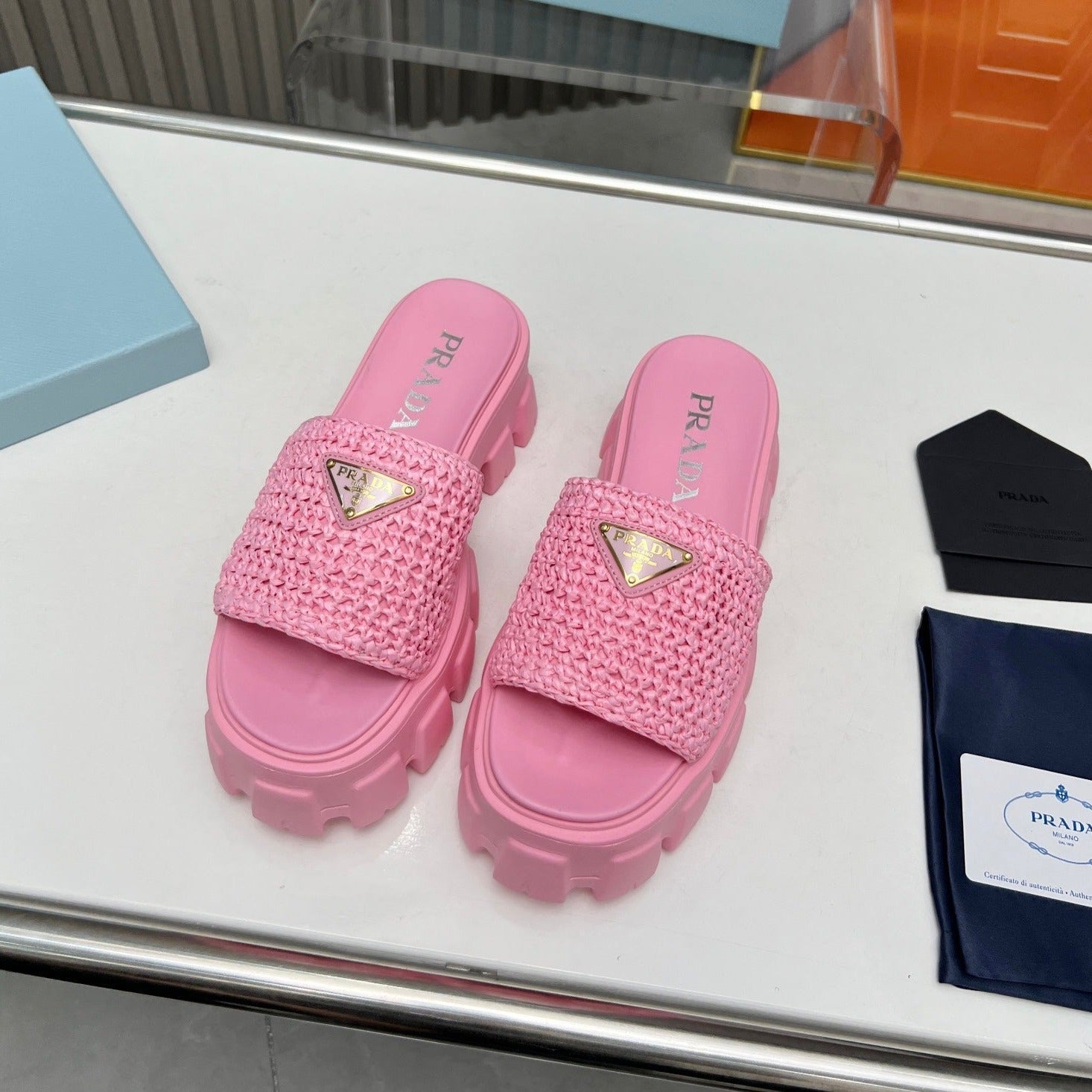 PRADA THICK-SOLED CROCHET SANLS PINK WOVEN FABRIC