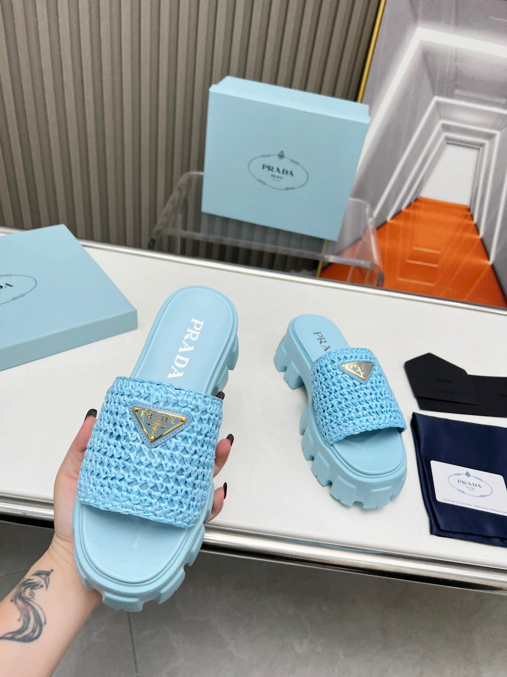 PRADA THICK-SOLED CROCHET SANLS SKY WOVEN FABRIC