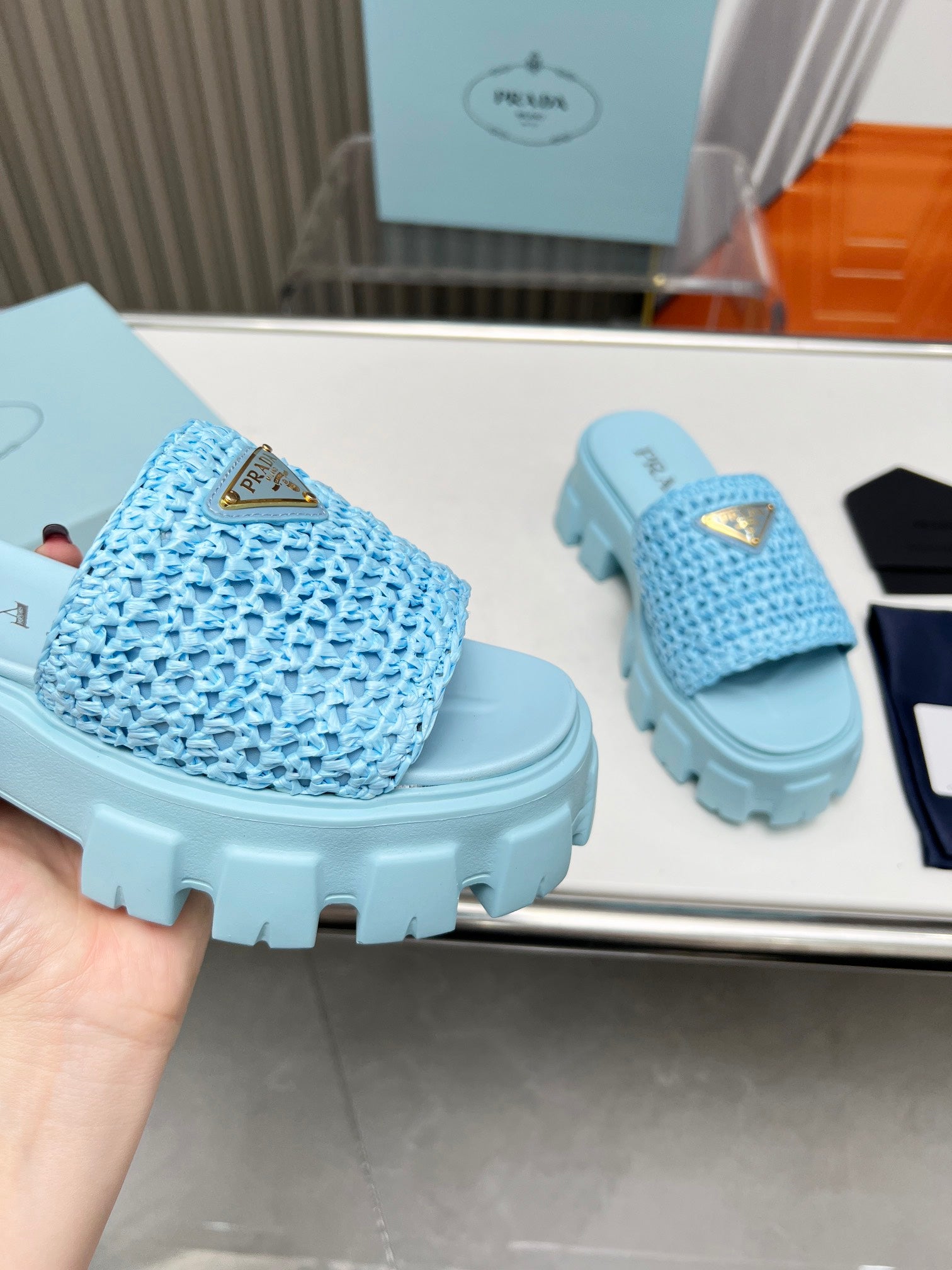 PRADA THICK-SOLED CROCHET SANLS SKY WOVEN FABRIC