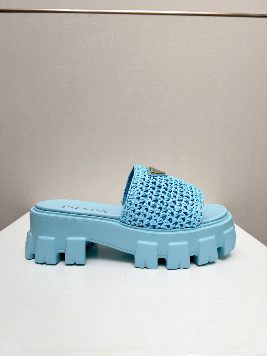PRADA THICK-SOLED CROCHET SANLS SKY WOVEN FABRIC