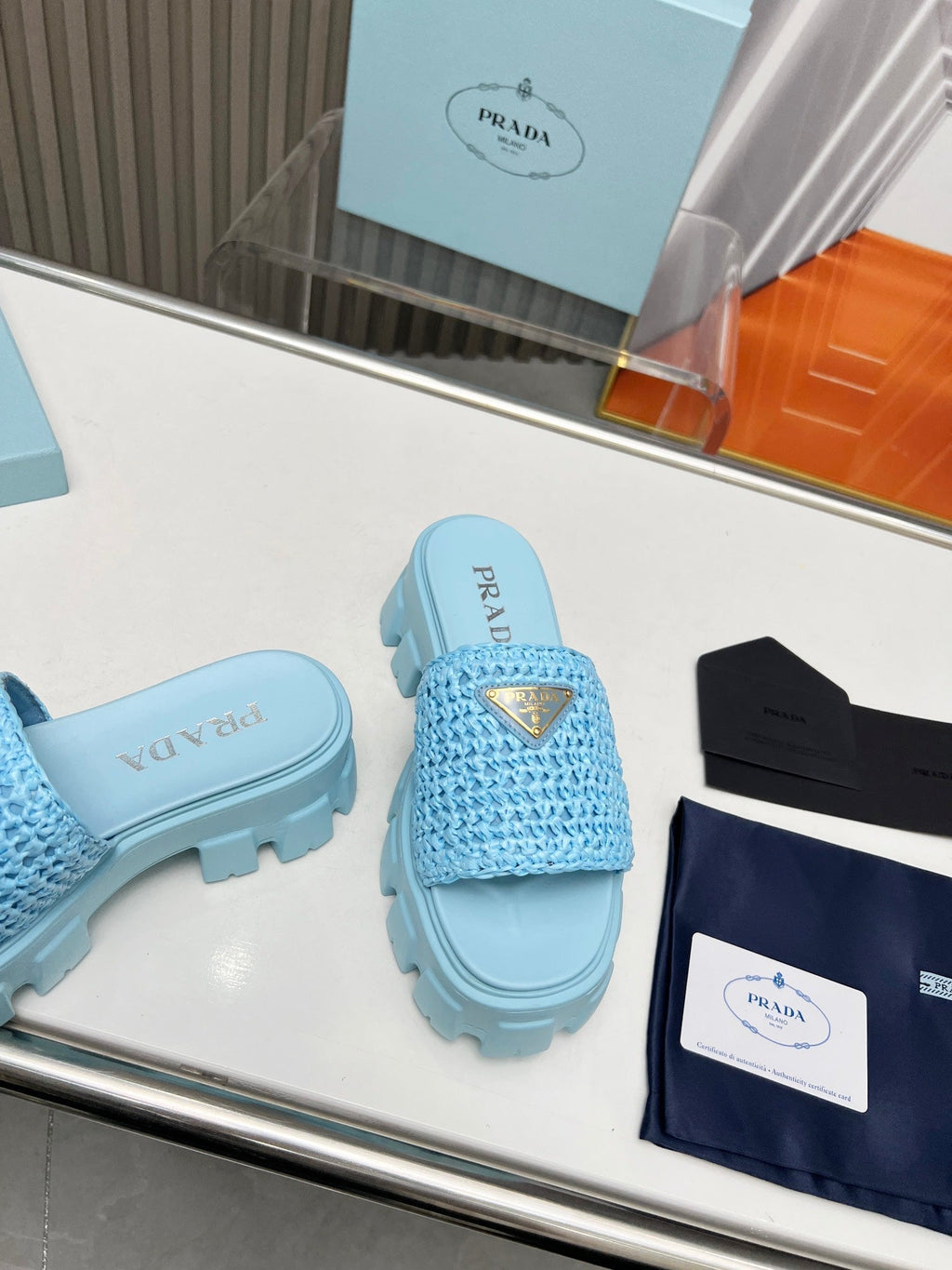 PRADA THICK-SOLED CROCHET SANLS SKY WOVEN FABRIC