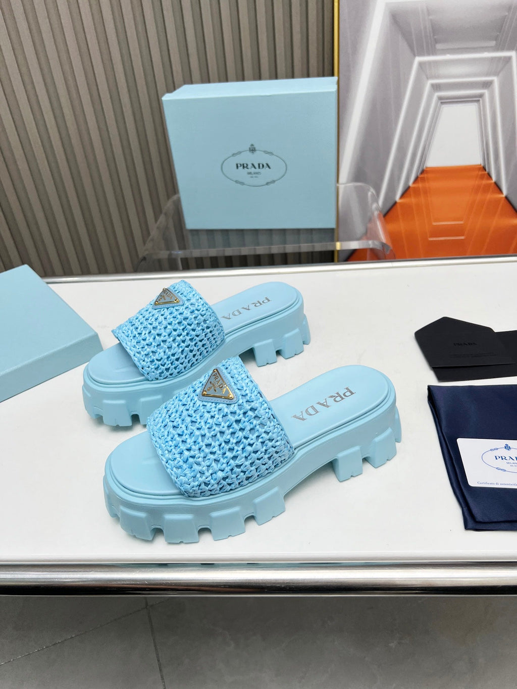 PRADA THICK-SOLED CROCHET SANLS SKY WOVEN FABRIC