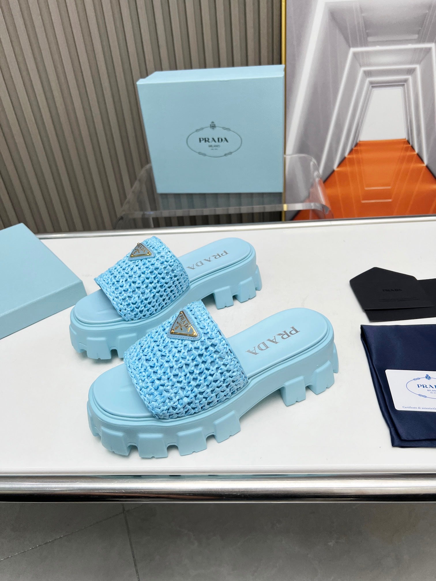 PRADA THICK-SOLED CROCHET SANLS SKY WOVEN FABRIC