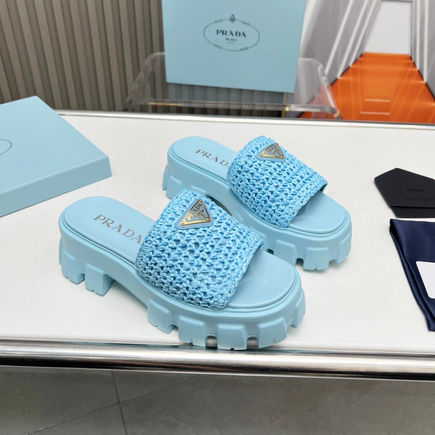PRADA THICK-SOLED CROCHET SANLS SKY WOVEN FABRIC