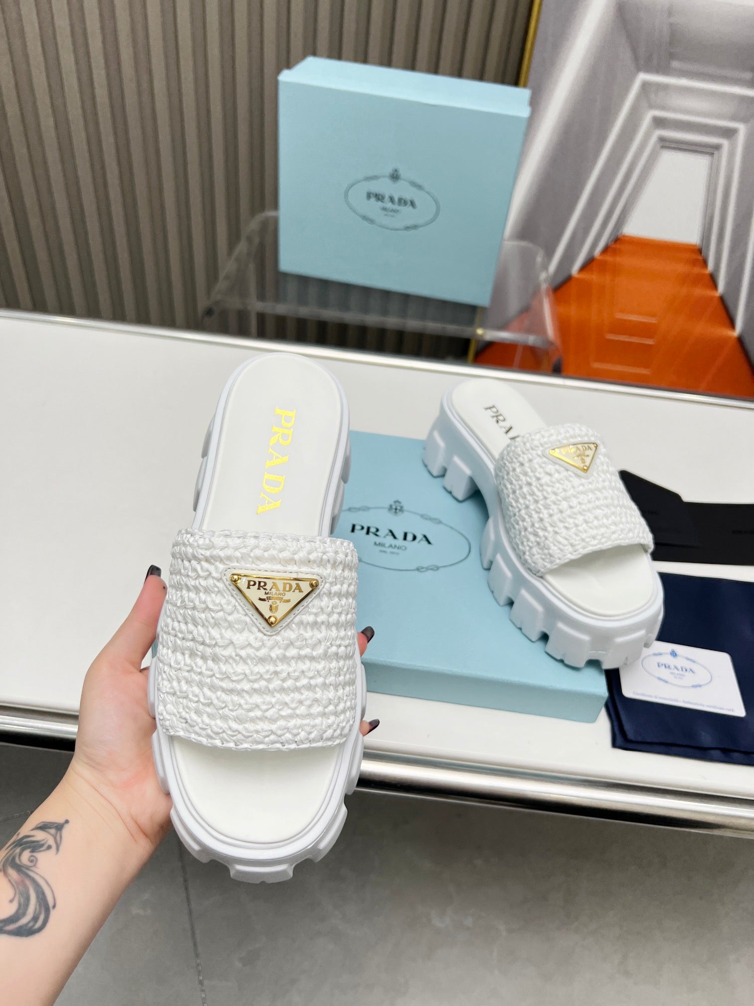 PRADA THICK-SOLED CROCHET SANLS WHITE WOVEN FABRIC