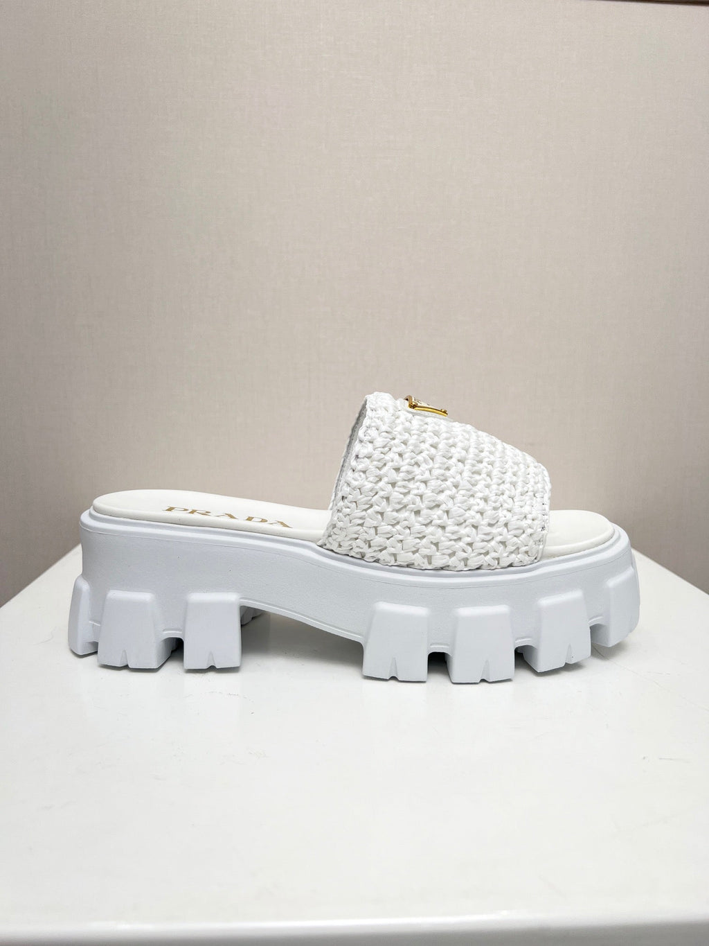 PRADA THICK-SOLED CROCHET SANLS WHITE WOVEN FABRIC