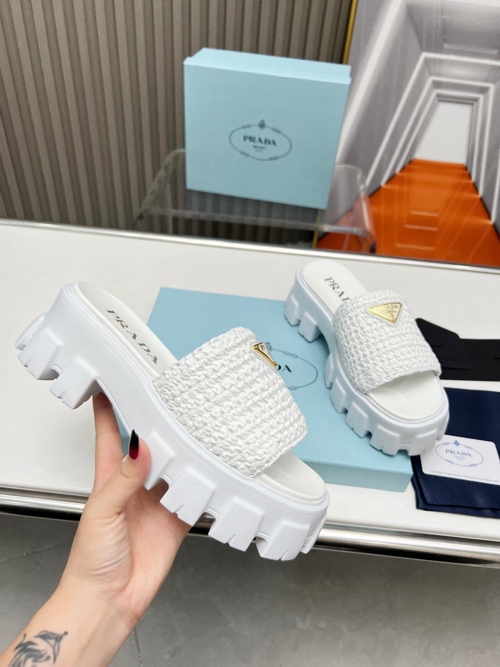 PRADA THICK-SOLED CROCHET SANLS WHITE WOVEN FABRIC