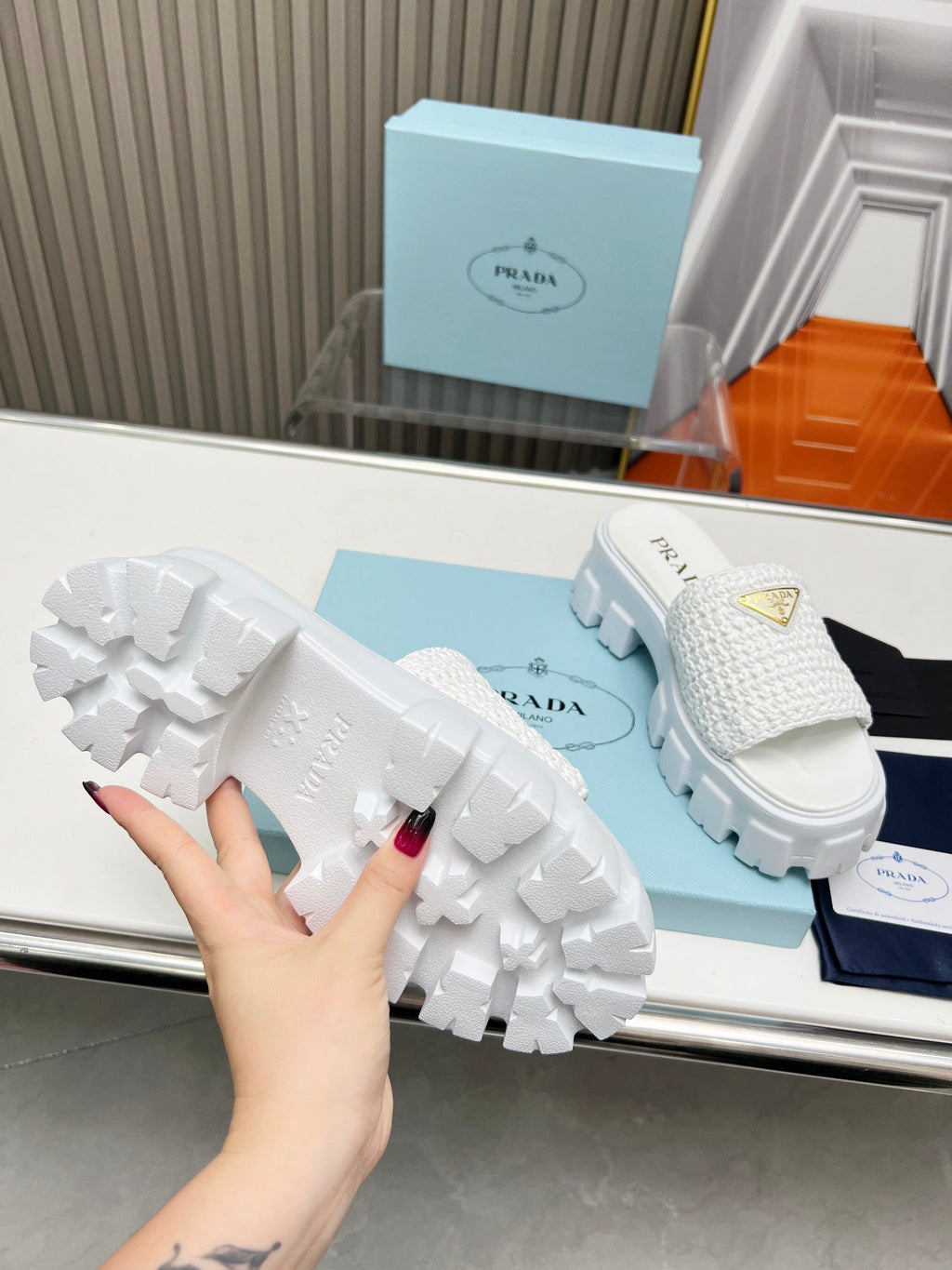 PRADA THICK-SOLED CROCHET SANLS WHITE WOVEN FABRIC