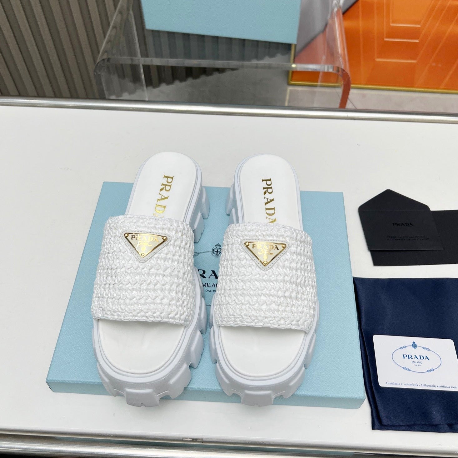 PRADA THICK-SOLED CROCHET SANLS WHITE WOVEN FABRIC
