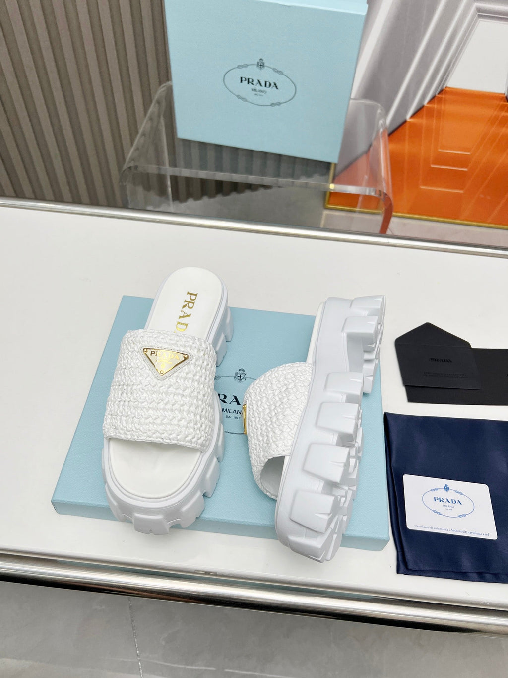 PRADA THICK-SOLED CROCHET SANLS WHITE WOVEN FABRIC